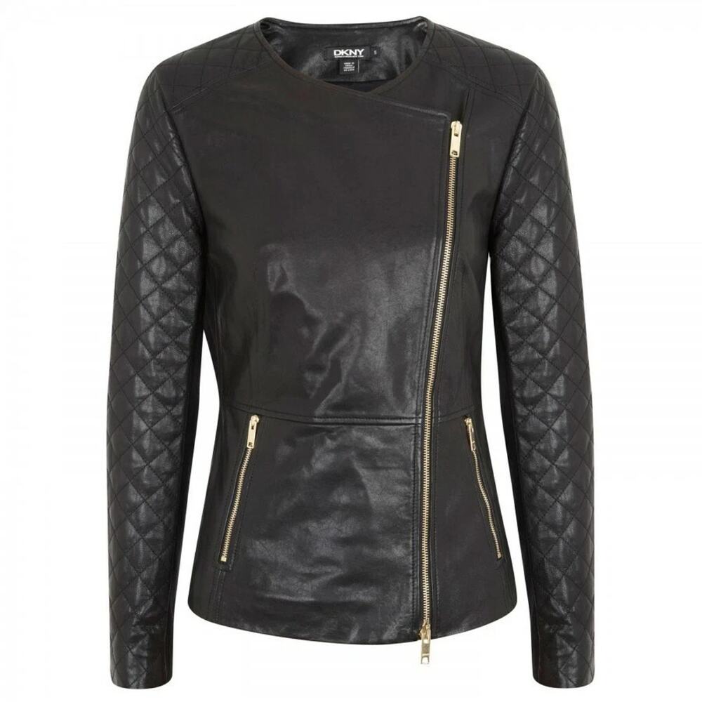 Donna Karan NY DKNY Black Lamb Leather Jacket Biker Moto Quilted Sleeve Zip L